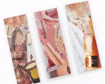 Handmade Glam Collage Bookmarks | Pink & Gold, Beauty Inspired, Laminated (Set of 3)