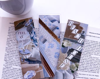 Blue Coastal Collage Bookmarks – Beach House Style, Laminated Set of 3
