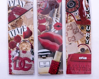 Glossy Red Lipstick Collage Bookmarks | Fashion Magazine Cutout Reading Accessory (Set of 3)