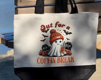 Coffee Halloween Ghost Pumpkin Coffin Break Boho Vintage Canvas Tote Bag Trick or Treat Sack Halloween Gifts Spooky Reusable Bag Autumn Fall