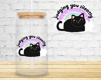 Cat Libbey Glass Tumbler 16oz Wooden Bamboo Lid with Straw Iced Coffee Judging Resting Bitch Face Gift for Best Friend Trendy Aesthetic Cup