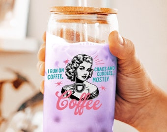 Retro Tumbler Funny Libbey Glass Can 16oz Wooden Bamboo Lid with Straw Coffee Lover 80s Vintage Aesthetic Coffee Addict Gift Iced Coffee