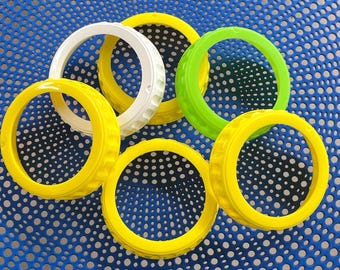 Set of Six Colorful Plastic Mason Jar Rings for Canning - Fits Standard Size Canning Jars - Quarts, Pints, and Half Pints Circa 1970’s