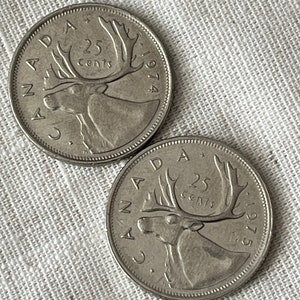 1974 and 1975 Canadian 25 Cent Coins - Circulated - Nickel - Caribou