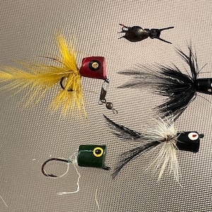 Vintage Wooden Fishing Flies/Jigs- 4 Flies and a Bug - Fun Feathered Fishing Tackle - Circa 1950s/60s