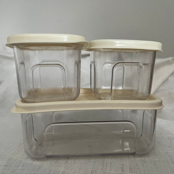 1980's Set of 3 Stacking Rubbermaid Containers - Clear Hard Plastic Containers w/ Almond Lids - 10 oz. (0121-1D) and 4 oz. (0116-1D)