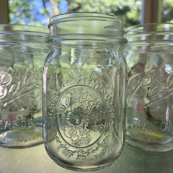 Ball Sculptured Glass Mason Jars - Embossed Harvest Fruit Logo - “A,B, & C” Letter/Mold Numbers - Made in USA - Circa 1975 +