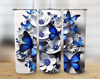 3D Flowers & Blue Butterflies 20 oz Skinny Tumbler Wrap-3D Flower Sublimation-PNG-High Resolution-Instant Digital Download-300dpi-AI Art