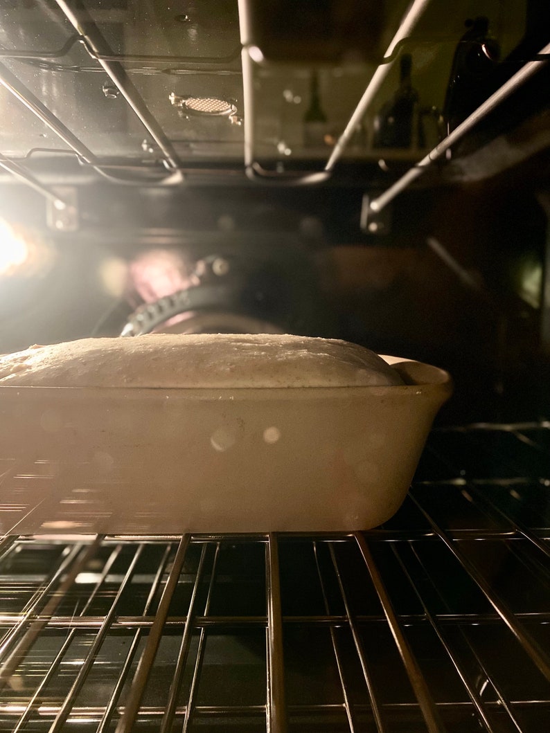 May include: A loaf of bread baking in a white ceramic loaf pan inside an oven with a rack.