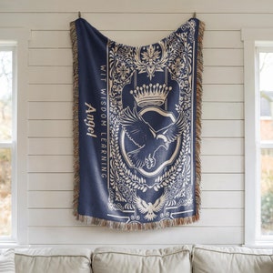 Vintage Personalized Name Wizarding School Eagle House Woven Blanket, Custom Name HP House Blanket, Wizard World Gift Woven Blanket