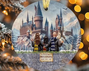 Adorno familiar personalizado para la escuela de magos, adorno de cristal para magos, adorno personalizado para la escuela de magos, adorno navideño para la escuela de magos.