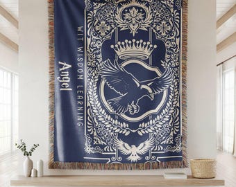 Vintage Personalized Name Wizarding School Eagle House Woven Blanket, Custom Name Wizard House Blanket, Wizard World Gift Woven Blanket