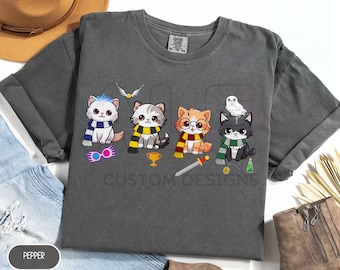 Comfort Colors® Cute Wizarding School House Cats T-Shirt, Universal Vacation T-Shirt, Wizard World Gift, Vintage Wizard Houses Shirt