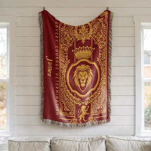 Vintage Personalized Name Wizarding School Lion House Woven Blanket Blanket, Custom Name HP House Blanket, Wizard World Gift Woven Blanket