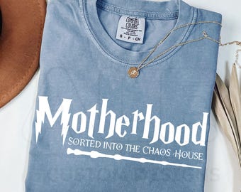 Comfort Colors® Motherhood Humor Wizarding School House T-Shirt, Universal Vacation T-Shirt, Mom Wizard World Gift, Wizard Houses Shirt