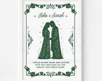 Personalized Wedding Fantasy Book Art Print Gift, Bookish Decor Anniversary Gift, Elf and Man Art Print, Custom Wedding Art Photo Gift