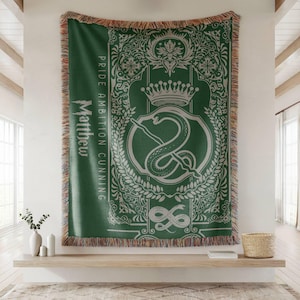 Vintage Personalized Name Wizarding School Serpent House Woven Blanket, Custom Name Wizard House Blanket, Wizard World Gift Woven Blanket
