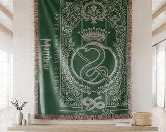 Vintage Personalized Name Wizarding School Serpent House Woven Blanket, Custom Name Wizard House Blanket, Wizard World Gift Woven Blanket