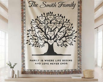 Personalized Family Tree Heart Name Throw Blanket Gift, Vintage Grandma Garden Family Decor Gift, Mother's Day Family Blanket Decor Gift
