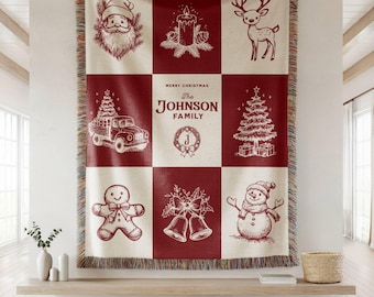 Manta tejida personalizada de Feliz Navidad, manta tejida navideña familiar personalizada, regalo navideño personalizado, decoración navideña para el hogar