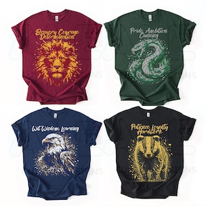 Gildan Grafik Zaubererschule T-Shirt, HP Haus Shirt, Universal Urlaub T-Shirt, Zaubererwelt Geschenk, passendes Zaubererhäuser Shirt