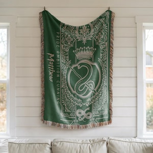Vintage Personalized Name Wizarding School Serpent House Woven Blanket, Custom Name HP House Blanket, Wizard World Gift Woven Blanket