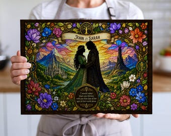 Personalized Wedding Fantasy Book Glass Cutting Board Gift, Stained Glass Floral Decor Anniversary Gift, Fantasy Glass Cutting Board Gift