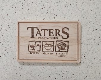 Taters Potatoes Humor Funny Small Engraved Wooden Cutting Board, Grey Wizard Gift, Fantasy Book Lover Kitchen Decor, Housewarming Gift