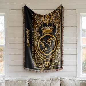Vintage Personalized Name Wizarding School Badger House Woven Blanket, Custom Name HP House Blanket, Wizard World Gift Woven Blanket