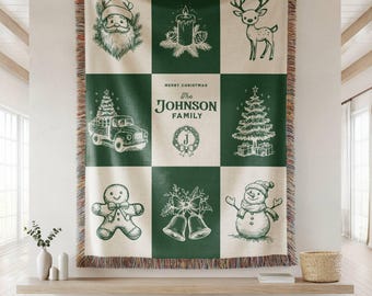 Manta tejida personalizada de Feliz Navidad, manta tejida navideña familiar personalizada, regalo navideño personalizado, decoración navideña para el hogar