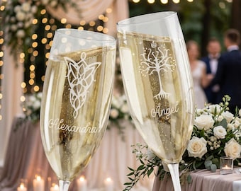 Engraved Personalized Groom and Bride Wedding Fantasy Book Champagne Glass and Wine Glass Gift, Couple Anniversary Gift, Elf and Man Glass