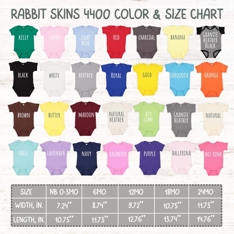 Puede incluir: Tabla de colores y tallas para bodies de beb&eacute; Rabbit Skins 4400. La tabla muestra una variedad de colores, incluyendo verde Kelly, rosa, azul claro, rojo, carb&oacute;n y pl&aacute;tano. Las tallas van desde reci&eacute;n nacido hasta 24 meses, con anchos de 18,4 cm a 29,8 cm.