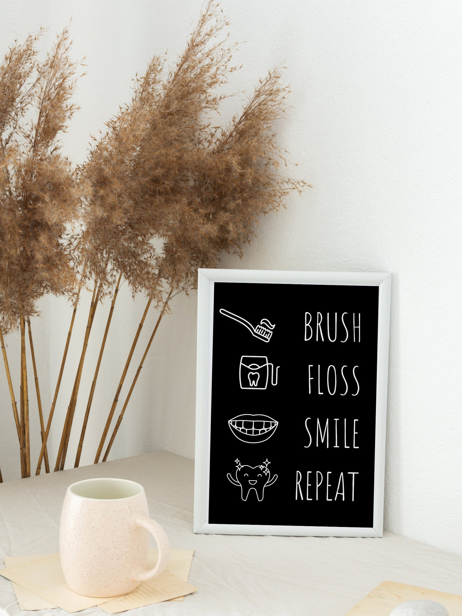 Brush Floss Smile Repeat Downloadable PDF Print in Black and White Etsy