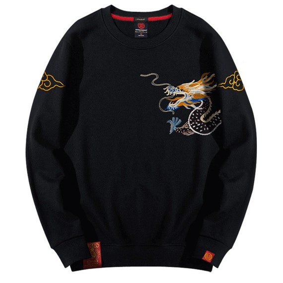 Japanese Style Dragon Embroidery Sweatshirt for Men Harajuku | Etsy