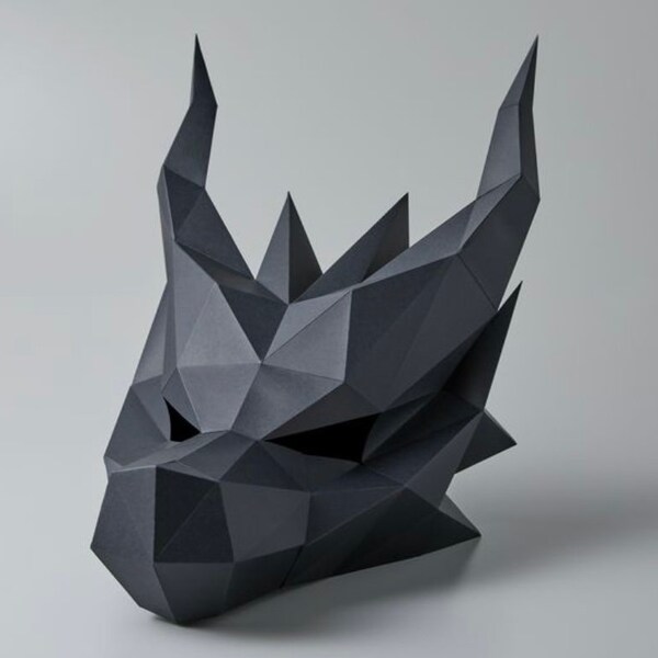 Masque de dragon en papier 3D, bricolage, modèle PDF imprimable d'artisanat en papier low poly, masque de dinosaure, fichier imprimable à télécharger, tête d'animal numérique A4