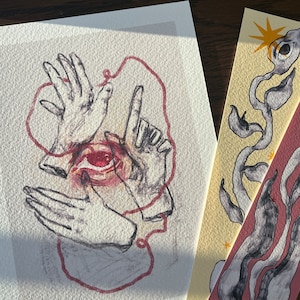 May include: A hand-drawn illustration of an eye surrounded by three hands, connected by a red string. The drawing is in black and white with red accents.