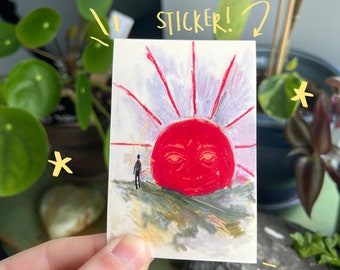 Whimsical Red Sun Landscape Sticker - The Watcher