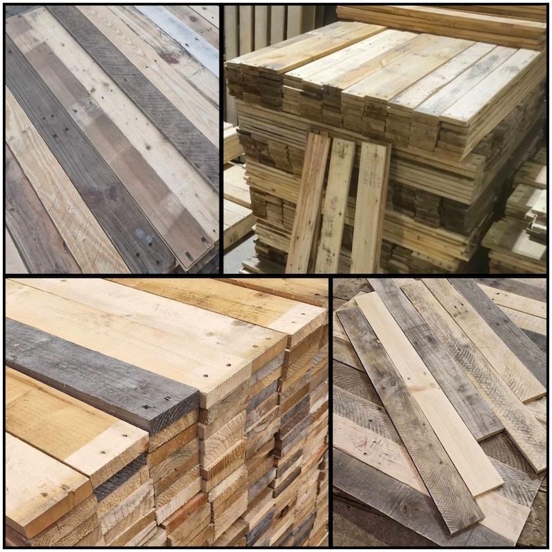 May include: A close-up of reclaimed wood planks, showing the natural variations in color and grain. The wood is stacked in a pile, ready to be used for crafting projects.