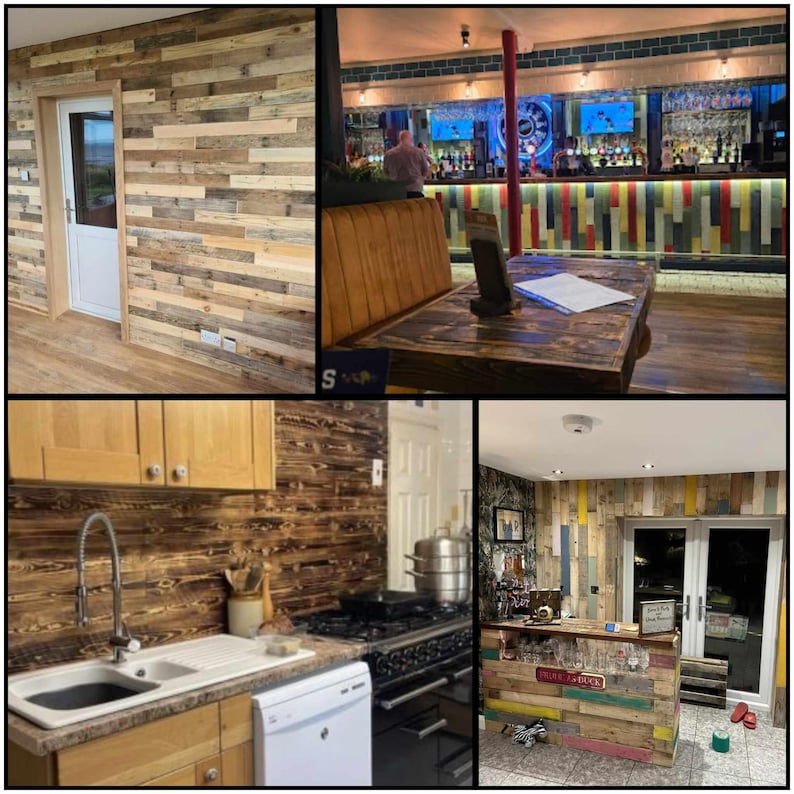 May include: A collage of four images showcasing different applications of reclaimed wood wall paneling. The first image shows a hallway with a light wood floor and a wall covered in reclaimed wood panels. The second image shows a bar with a colorful tiled backsplash and a reclaimed wood bar top. The third image shows a kitchen with a stainless steel sink and a reclaimed wood backsplash. The fourth image shows a bar area with a reclaimed wood bar top and a sign that reads "The Dock".