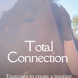 Puede incluir: Un primer plano de un ojo de caballo con una mano descansando suavemente sobre la cabeza del caballo. El texto "Total Connection" está escrito en blanco sobre un fondo rosa. El texto "Exercises to create a trusting partnership" está escrito en blanco sobre un fondo rosa. El texto "Gillian Bradley Intelligent Horsemanship Recommended Trainer" está escrito en blanco sobre un fondo rosa.
