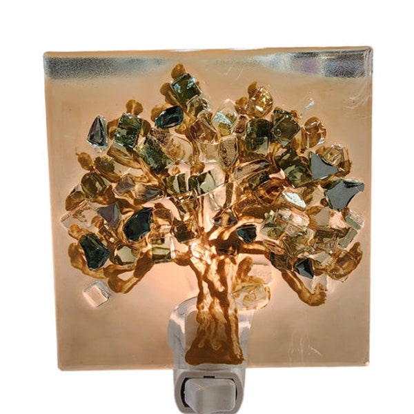 Hand Painted Tree of Life Night Light, Green and Gold Glass Heart Night Light, Unique Night Light, Mixed Media Tree of Life, Tree of Life