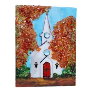 Fall Chapel Painting, Mixed Media Fall Chapel, Glass and Resin Trees, Unique Fall Decor, Fall Tree Art, Wall Art, Interior Decor, Art Design