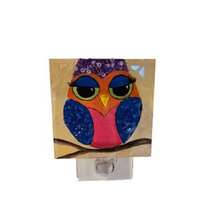 Hand Painted Abstract Owl Night Light,  Glass Owl Night Light, Unique Night Light, Mixed Media Owl Decor, Owl Light, Owl Lover Gift, Gift