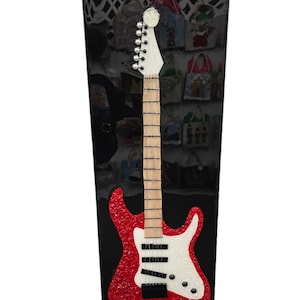 Red Guitar Mixed Media Painting: Glass & Bead Art