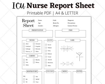 ICU Report Sheet | Nurse Brain Sheet |  Nursing Report Sheet | Single Patient Reporting Sheet | ICU Nurse Resources, US Letter A4