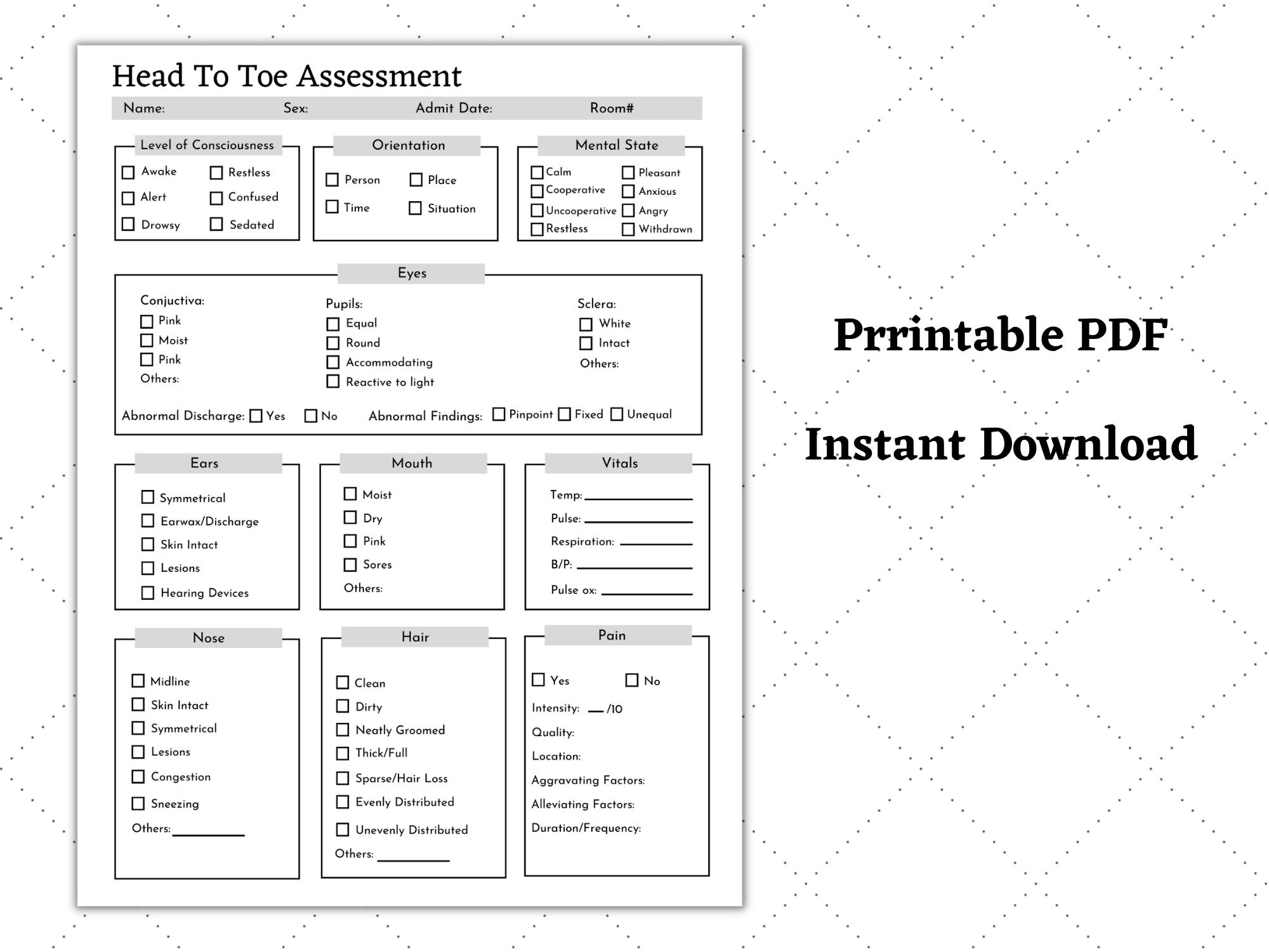 Head to Toe Assessment Nursing Template Nursing Guide - Etsy Canada