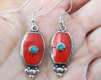 Boho Dangle Earrings, Handmade Nepali Tibetan Tribal Jewelry