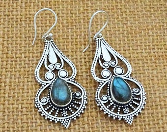 Labradorite Dangle Earrings,  Boho Silver Plated Ethnic Jewelry Earrings