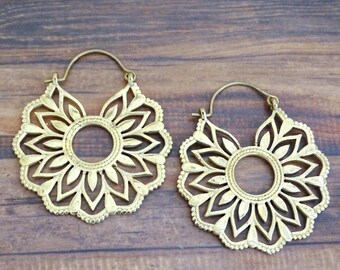 Boho Mandala Brass Hoop Earrings, Tribal Ethnic Earrings