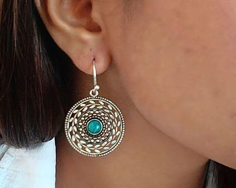 Pendientes colgantes bohemios de plata de ley con turquesa / Joyería de estilo tribal étnico